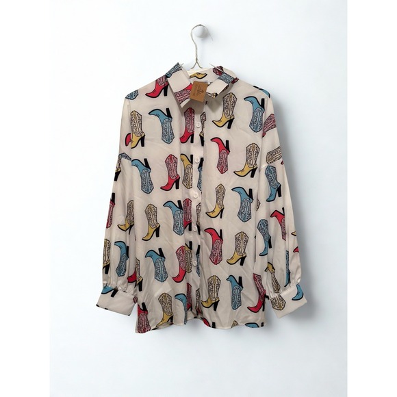 Nylon Apparel Womens Button Down Long Sleeve Sz. S Oversized Western Cowboy Boot - Picture 2 of 9